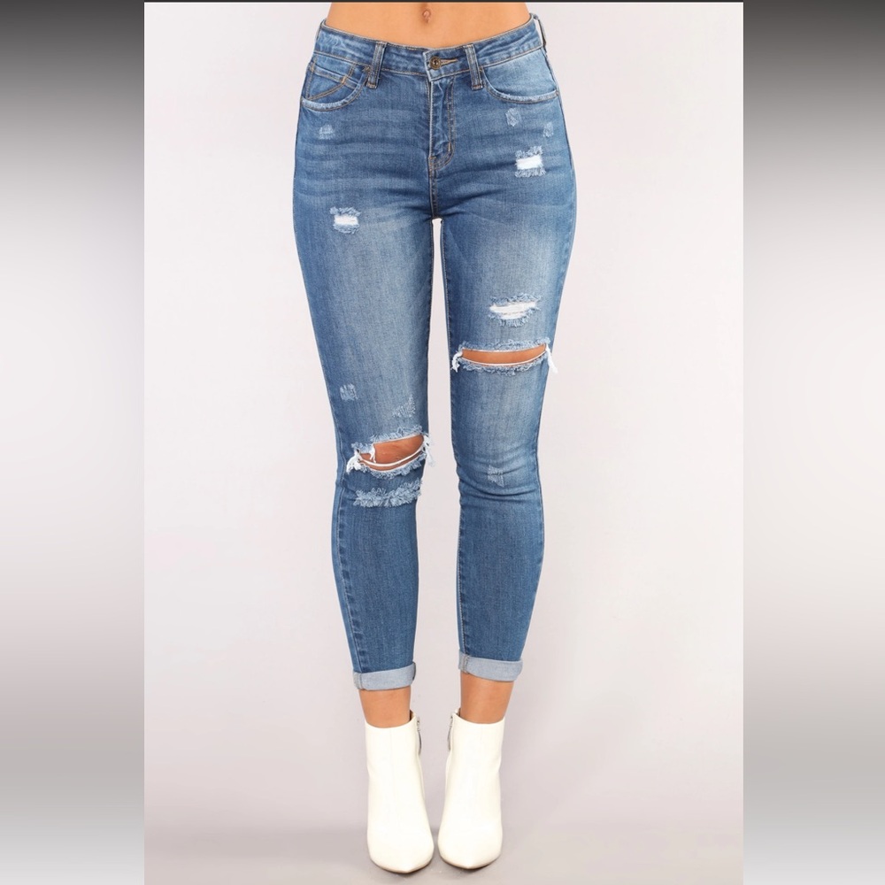 Brand New Fashion Nova Johanna Distressed Skinny Jeans- Medium Blue Wash